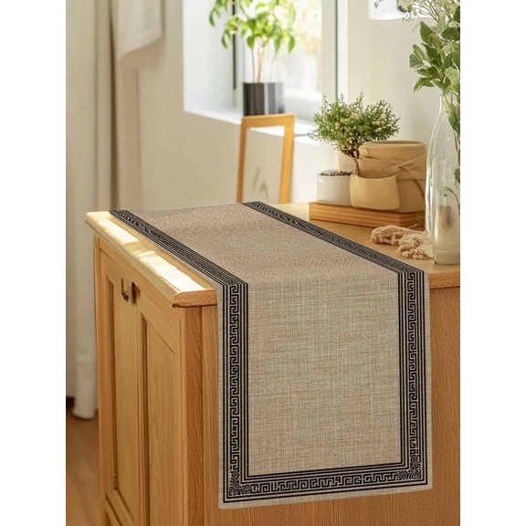 Vintage Greece Pattern Table Runner 36 Inches Long,Kitchen Dining Tablerunners Geometric Black Line on Brown Linen Table Runners Dresser Scarves for Home Dinner Wedding Holiday Party Decor