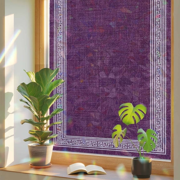 Vintage Greece Trial Style Window Privacy Film, Rainbow Film Decorative Window Sticker 17.7x39.3in, White Purple Linen Texture Sun Blocking Static Stained Glass Cling Tint Non-Adhesive