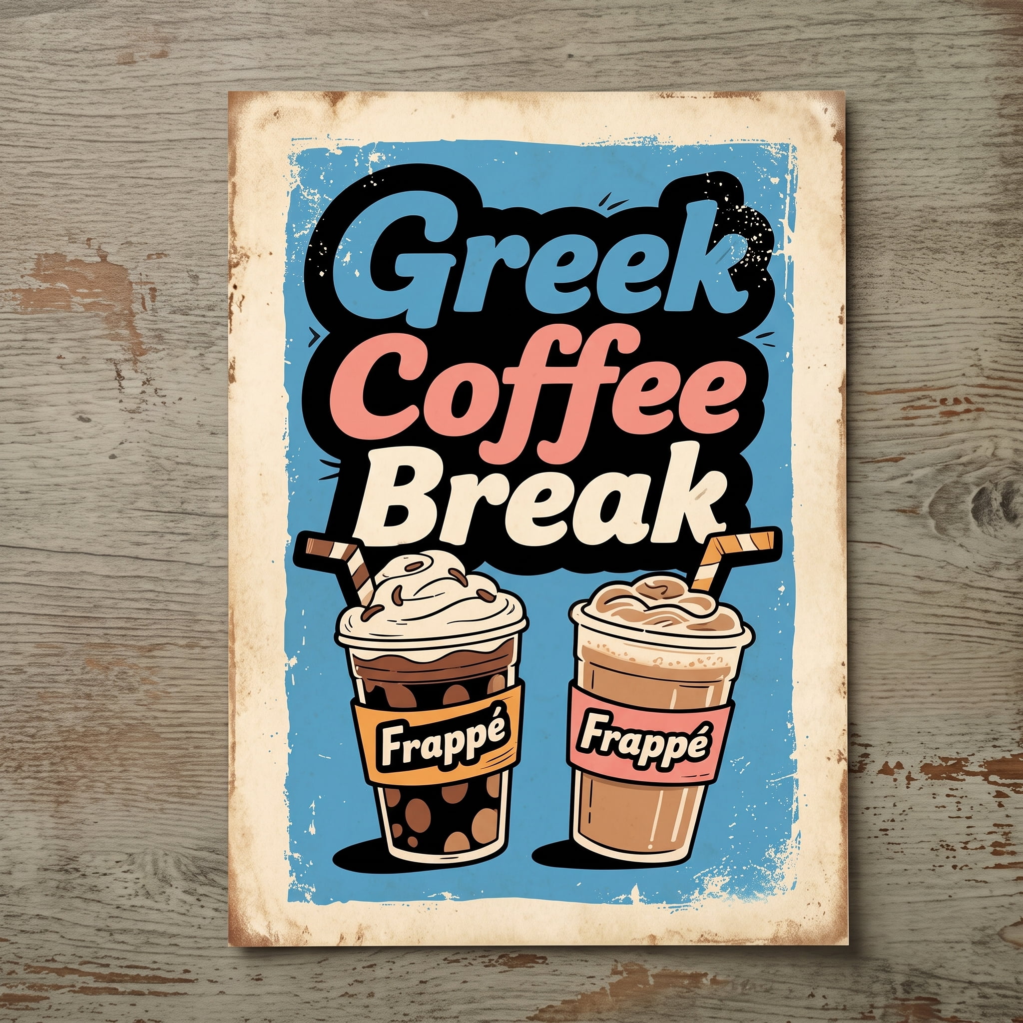 Vintage Greek Coffee Cafe Wall Decor Sign, 8x" Inch Rustic Iron Metal Plaque, 2D Flat Unframed, 2D Flat Unframed, Rustproof UV Resistant Weather