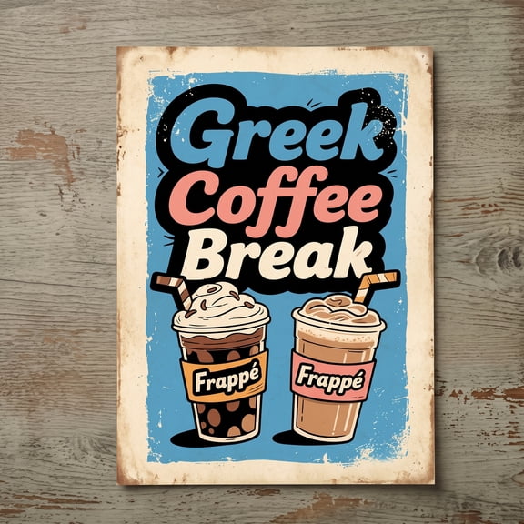 Vintage Greek Coffee Cafe Wall Decor Sign, 8x" Inch Rustic Iron Metal Plaque, 2D Flat Unframed, 2D Flat Unframed, Rustproof UV Resistant Weather