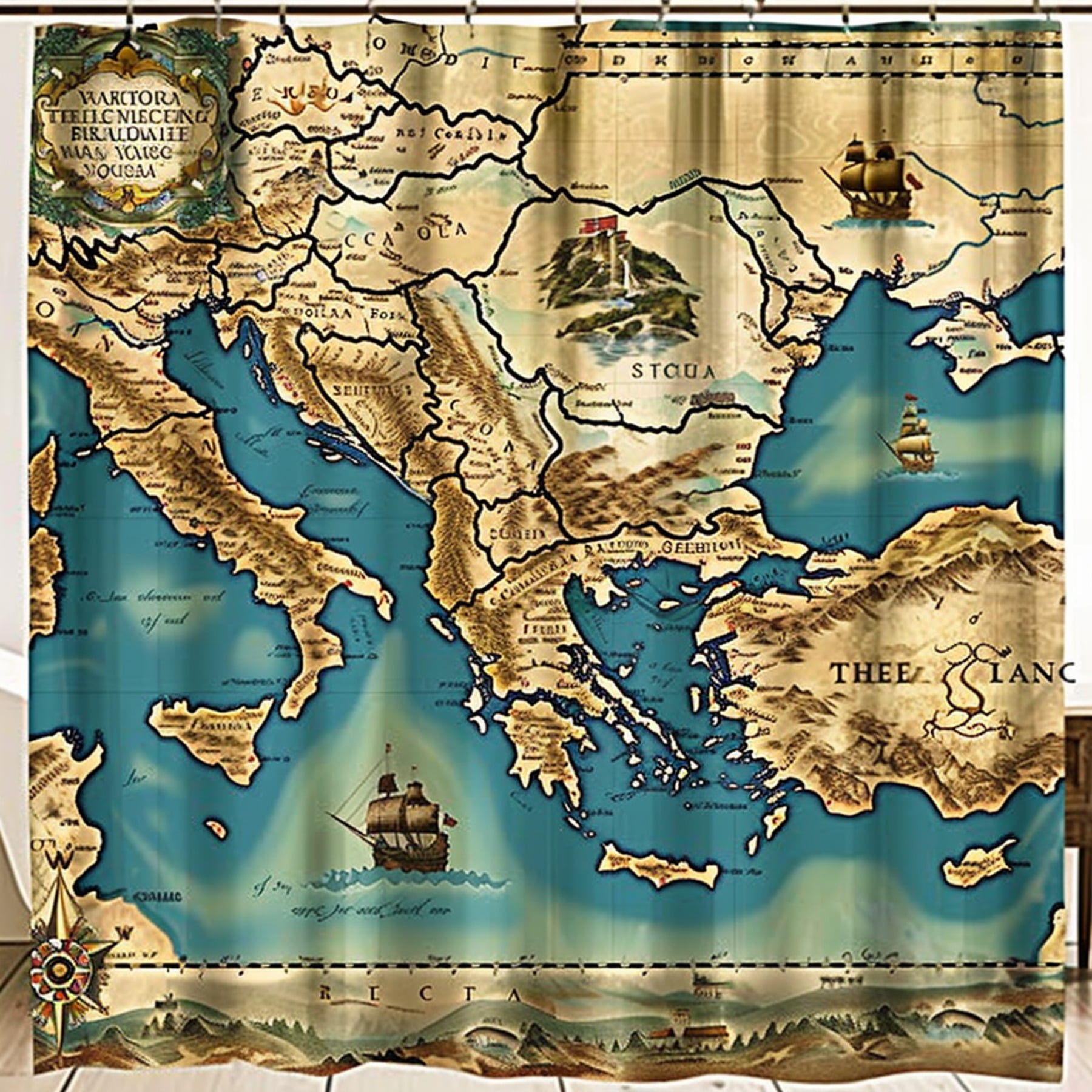 Vintage Greek Style Saltwater Ocean Map Shower Curtain Antique Design