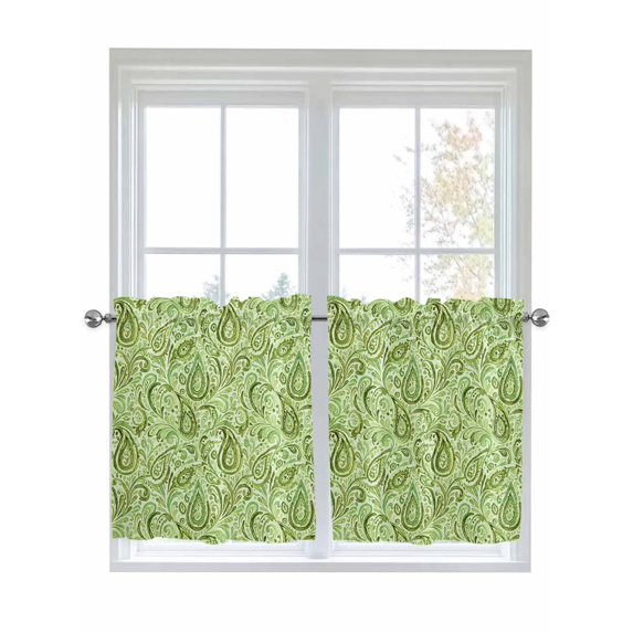 Vintage Green 2 Panel Kitchen Curtains for Small Windows, Retro Botanical Abstract Art Bathroom Tier Curtain, Short Window Treatment for Bedroom/Living Room 55"x24"