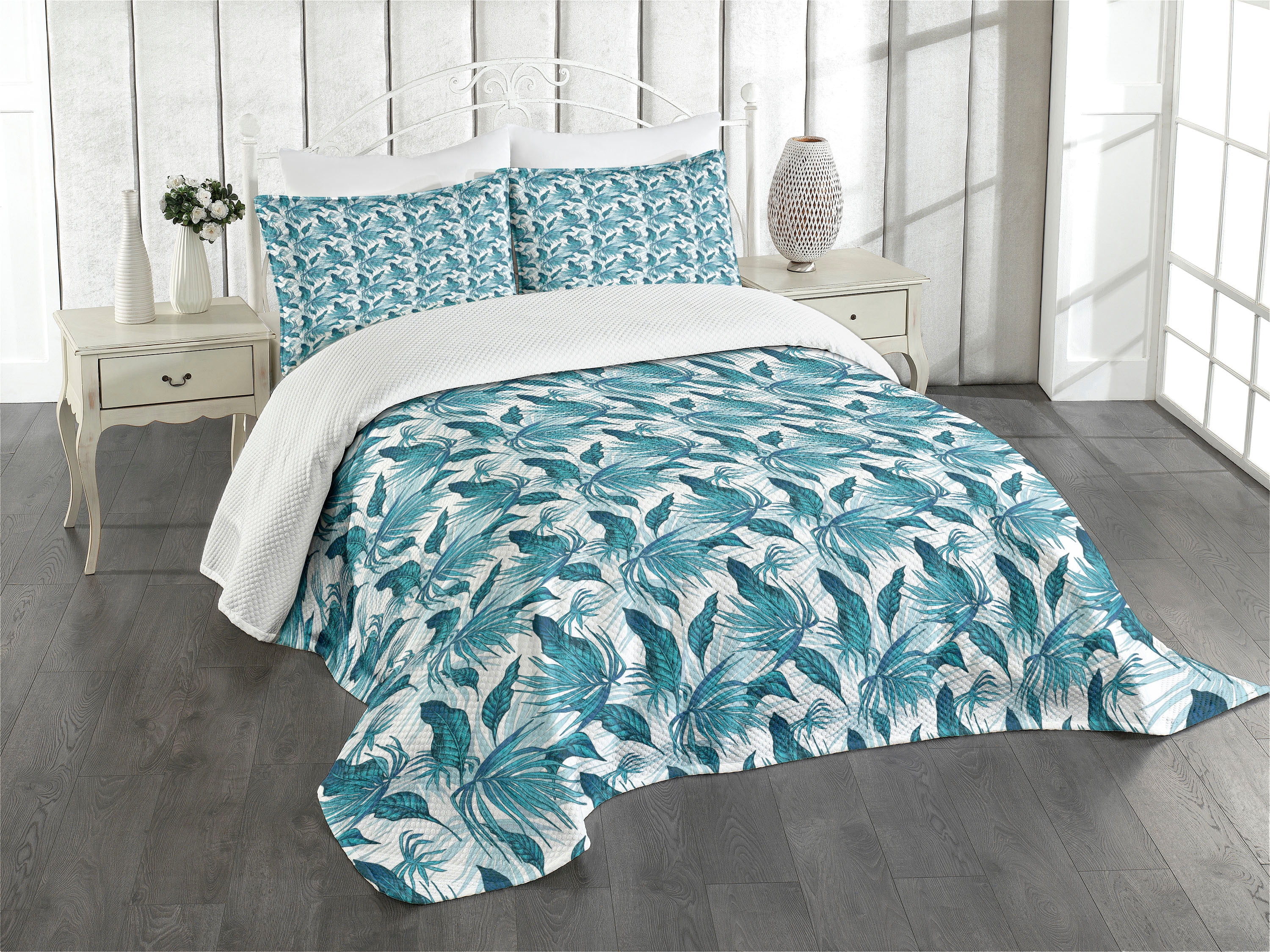 Vintage Green Bedspread, Tropical Palm Tree Leaves with Negative Effect ...