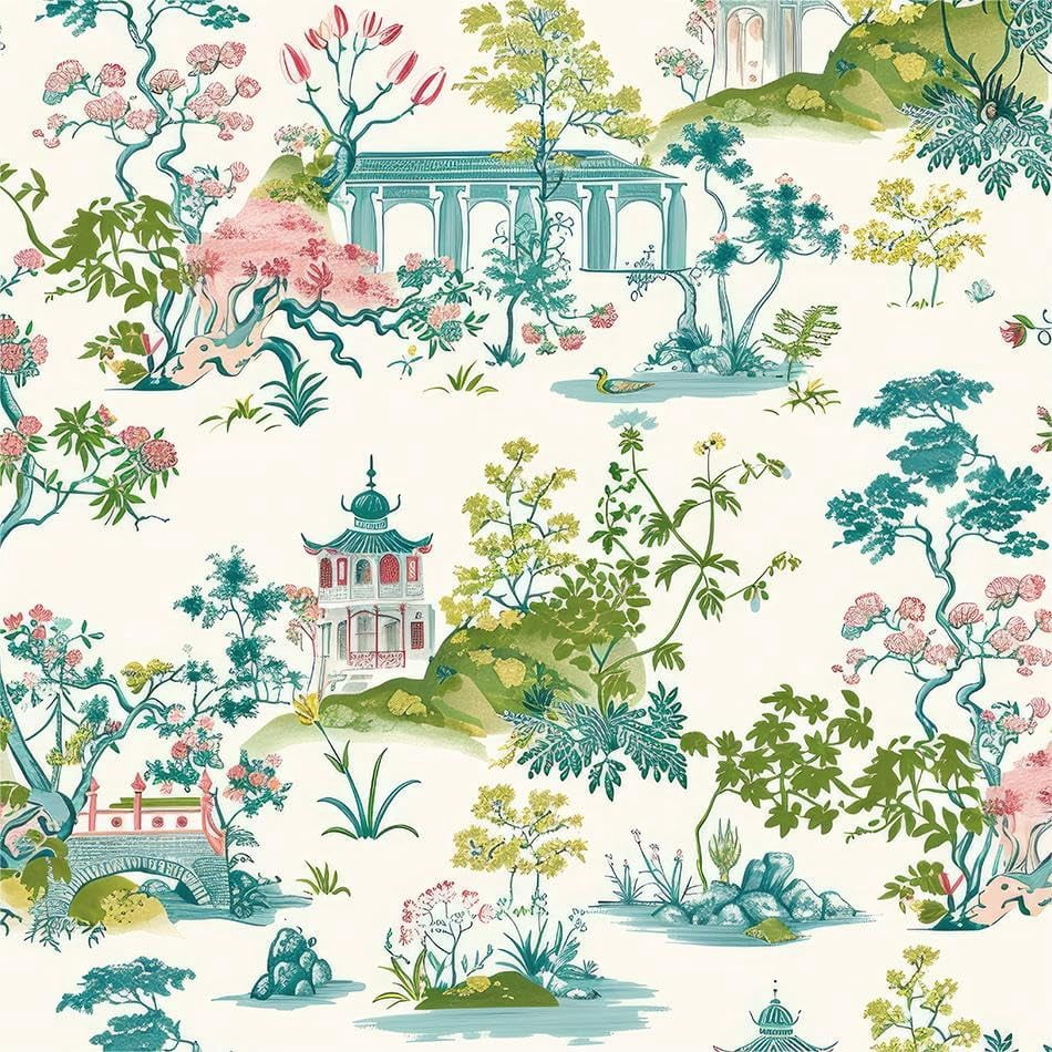Vintage Green Blue Pink Garden Landscape Nature Plants Peel and Stick Wallpaper Contact Paper Vinyl Stick on Wall Paper for Bedroom Bathroom Kitchen Cabinet Renter Friendly