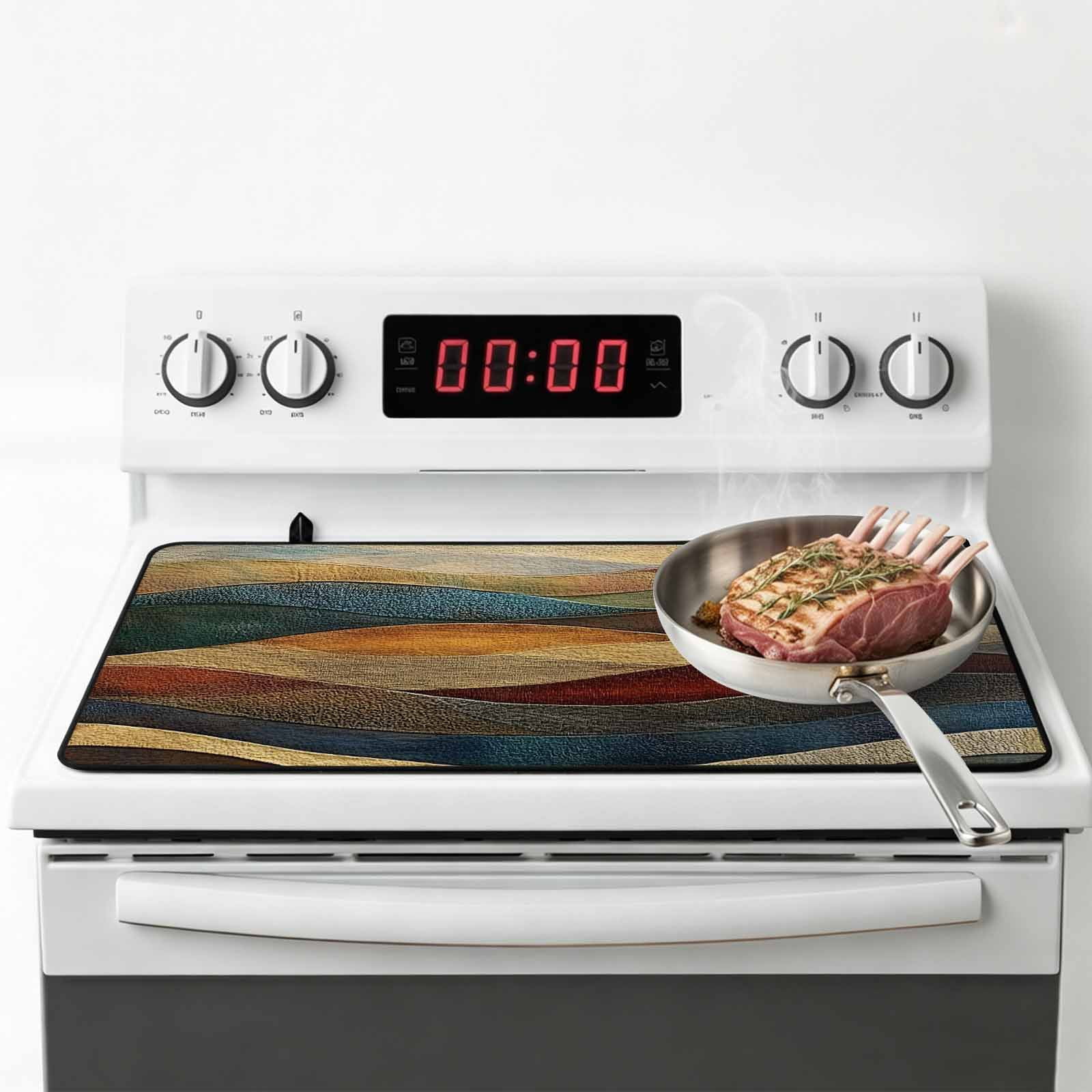 Vintage Green Blue Stove Top Cover for Electric Stove, Heat-proof & Non Slip Glass Top Stove Cover Protector, Farmhouse Retro Art Kitchen Flat Cooktop Rubber Mat 24x21 Inches