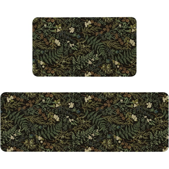 Vintage Green Botanical Kitchen Rugs Sets of 2 Non Slip Washable, Fern and Leaves Kitchen Mats for Floor 2 Piece Home Decor