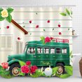 thumbnail image 1 of Vintage Green Bus Shower Curtain - Cat Coffee Design, Quaint Cottage Decor, Floral Greenery, 1 of 5