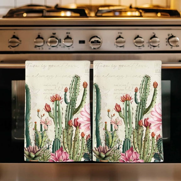 Vintage Green Cactus Kitchen Towels Set of 1, Spring Floral Watercolor Botanical Absorbent Dish Towels for Kitchen, Microfiber Hand Towel, Quick Drying Tea Towel for Cleaning Decorative Dishcloths