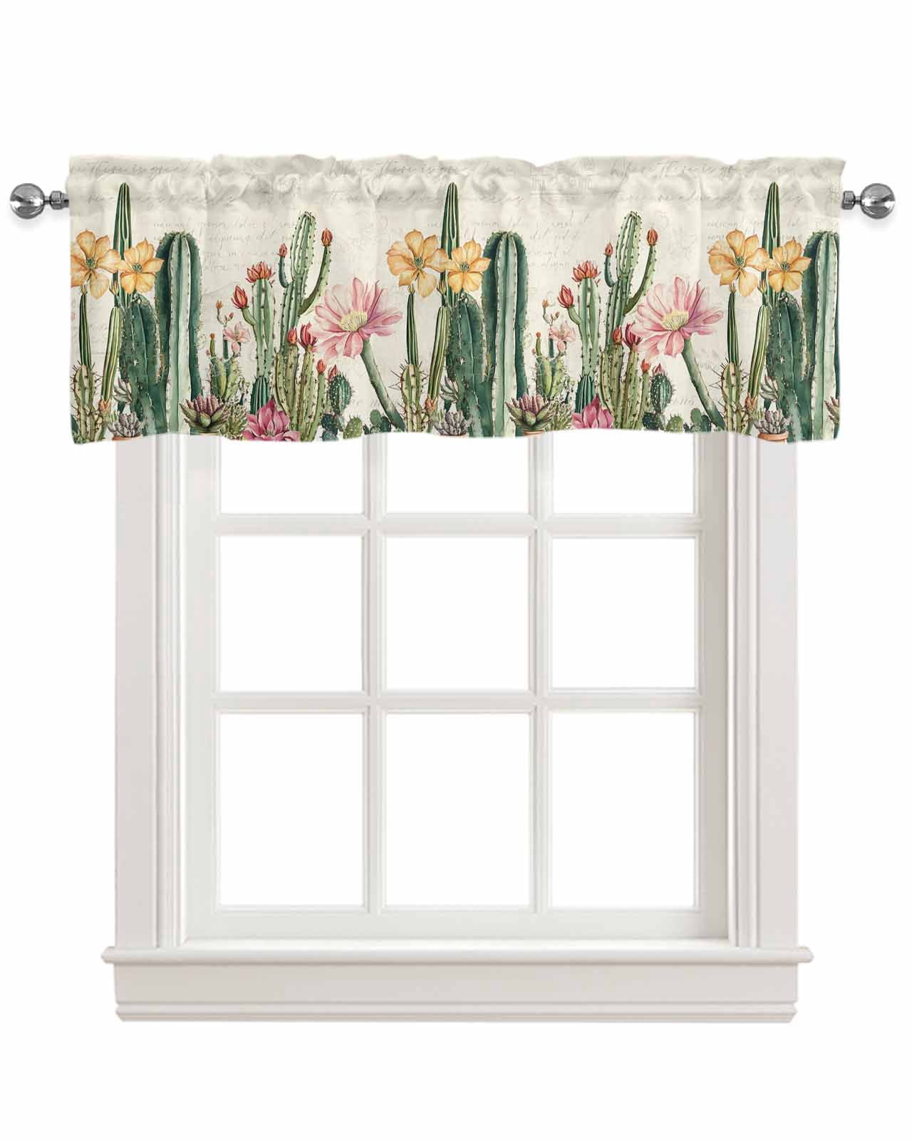 Vintage Green Cactus Kitchen Valances for Windows Farmhouse Linen Window Valance Curtain for Living Room Window Treatment Spring Floral Watercolor Botanical Valance Rod Pocket Topper, 54 x 18 Inch