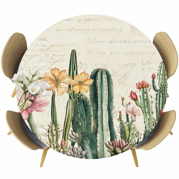 Vintage Green Cactus Round Tablecloth, Fitted Table Cover with Elastic for 36"-44" Round Tables, Spring Floral Watercolor Botanical Table Cloth Outdoor Indoor Dinning Party Waterproof Tablecloths