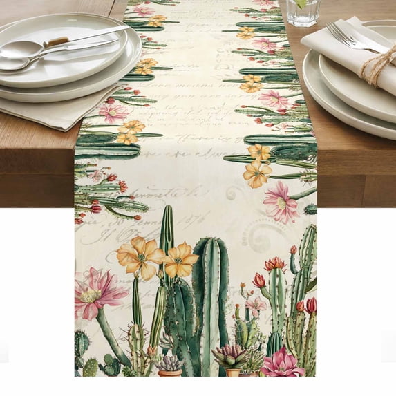 Vintage Green Cactus Table Runner - 90 Inch Long, Kitchen Dining Table Runner Dresser Scarves, Spring Floral Watercolor Botanical Farmhouse Decor for Coffee Tables Wedding Party Banquet