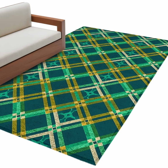 Vintage Green Check Area Rug 3x5 Washable Rug Non Slip Geometric Tartan Plaid Ethnic Large Area Rug Indoor Floor Carpet for Entryway Bedroom Kitchen Living Room Home Office Dining Room Nursery