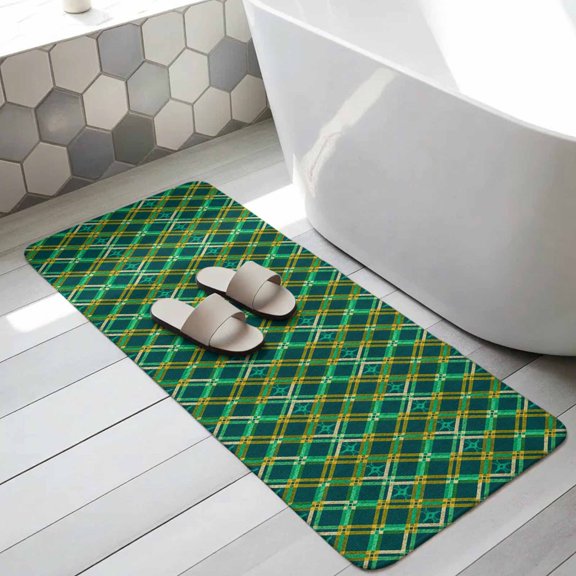 Vintage Green Check Bathroom Runner Rugs Non Slip Washable Absorbent Narrow Long Bath Mat Geometric Tartan Plaid Ethnic Runner Rugs for Kitchen Hallway Bedroom Laundry Study Room 31.5"x63"