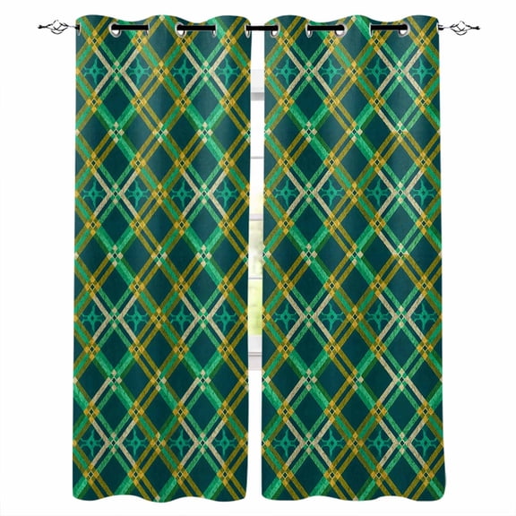 Vintage Green Check Blackout Curtains for Bedroom Living Room Darkening Curtains 84 Inch Length 2 Panels Set Geometric Tartan Plaid Ethnic Window Curtain Window Treatment Grommet Drapes 42"x84"