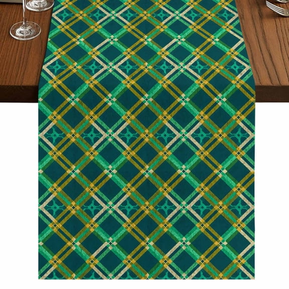 Vintage Green Check Burlap Cotton Table Runner 13x90 Inches Long, Geometric Tartan Plaid Ethnic Farmhouse Table Runners, Outdoor Dining Tablecloths Decor for Baby Shower/Party/Wedding