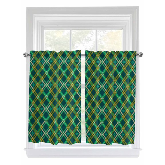 Vintage Green Check Kitchen Curtains 54 Inch Length, Geometric Tartan Plaid Ethnic Rod Pocket Light Filtering Window Curtains Living Room Bedroom Curtain Drapes Cafe Curtain 52''x54''x2