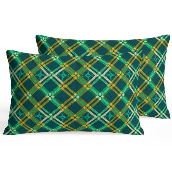 Vintage Green Check Lumbar Pillow Covers 12 x 20 Inch Pillow Covers Set of 2 Decorative Geometric Tartan Plaid Ethnic Cushion Case Cotton Linen Pillowcases with Zipper for Couch Sofa Bed