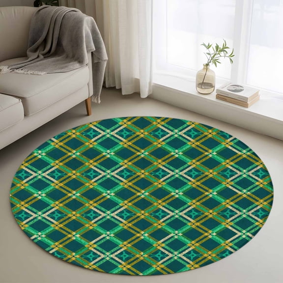 Vintage Green Check Round Area Rug 3Ft Washable Small Circle Rugs for Kitchen Entryway, Geometric Tartan Plaid Ethnic Non-Slip Carpet Floor Mats Indoor Outdoor Carpet Runner Aesthetic Home Decor