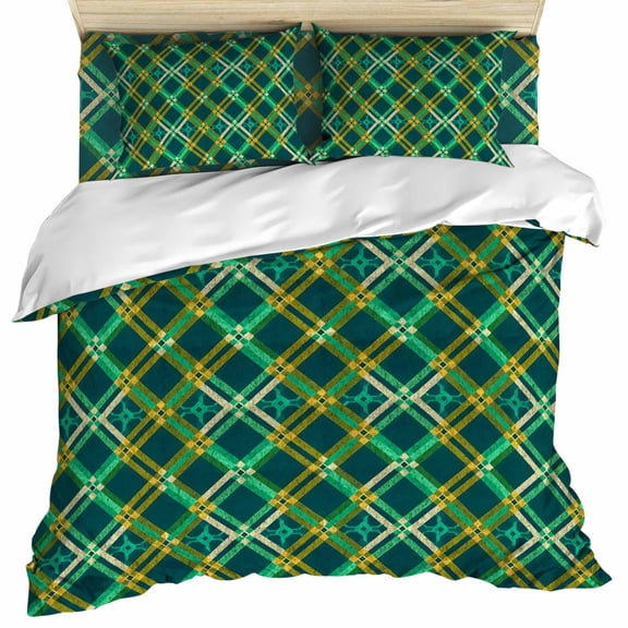 Vintage Green Check Set of 4 Bedding Quilt Covers, Geometric Tartan Plaid Ethnic 4-Piece Bed Sheet Set with Extra Soft Bed Sheets Quilt Cover Pillowcase, California King