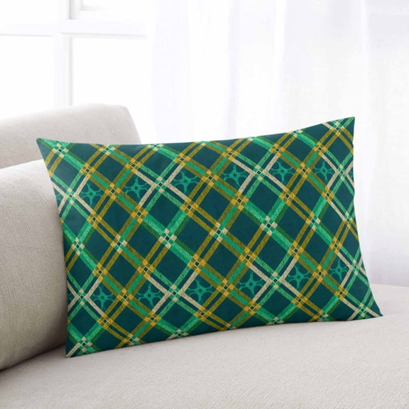 Vintage Green Check Throw Pillow Covers, Geometric Tartan Plaid Ethnic Soft Breathable Pillow Cases with Invisible Zipper for Sleeping, Toddler Pillowcases for Couch Bed Sofa Chair 12x20 Inches