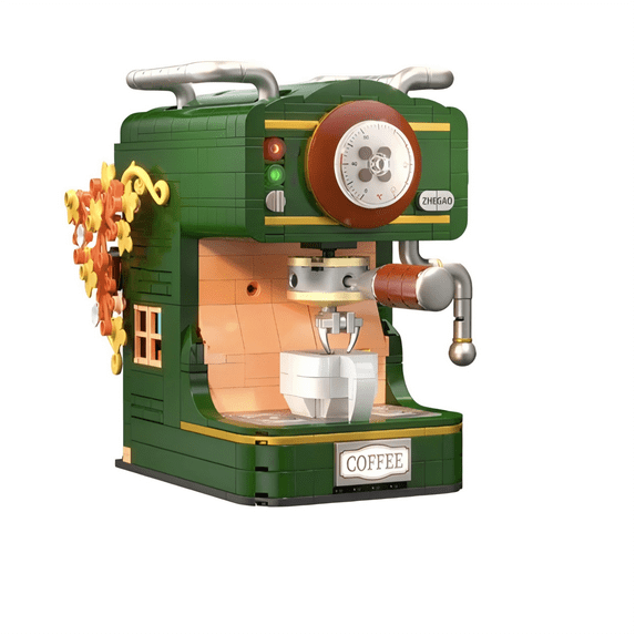 Vintage Green Coffee Machine Building Block Set, Gift for Birthdays, Decorative Home Office Table Centerpiece Decor