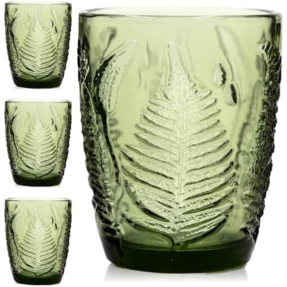 Vintage Green Drinking Glasses Set of 4, 10 oz Handcrafted Deep Textured Glass Cups, Fern Embossed Retro Glassware, Decorative Cocktail Tumblers for Home & Bar, Artisan Made Colored Drinkware Gif