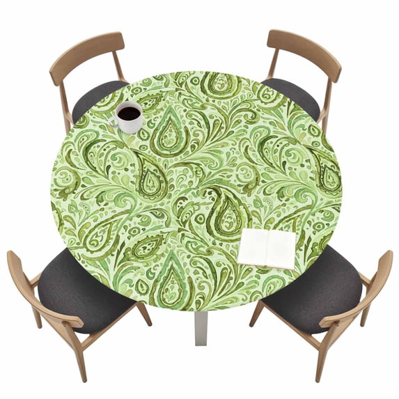 Vintage Green Fitted Tablecloth with Elastic Edged, Round Table Cloth for Dining Table, Retro Botanical Abstract Art Waterproof Oil Proof Table Cover for Indoor Outdoor 45"-54"