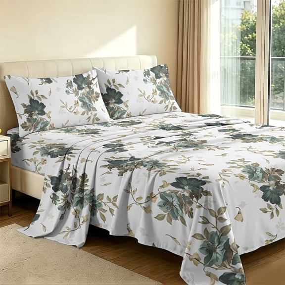 Vintage Green Floral Bed Sheet Set - Ultra Soft, Breathable & Wrinkle Resistant Bedding for Twin, Full, Queen, King Sizes