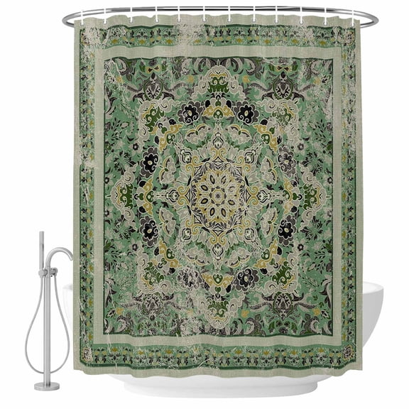 Vintage Green Floral Fabric Shower Curtain Medieval Ethnic Style Turkish Texture Washable Shower Curtains for Bathroom, Waterproof Bath Curtain with Hooks Home Decor 72x72in