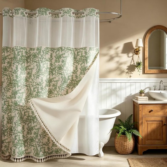 Vintage Green Floral No Hook Shower Curtain Set with Snap-in Liner 72"x75" | Farmhouse Fabric 2 in 1 Shower Curtain and Liner, French Country Cottagecore Style Shower Curtain for Bathroom