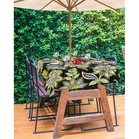 Vintage Green Floral Outdoor Tablecloth - 54x54 Inch Square Table Cover, Ethnic Boho Retro Flowers Art Black Waterproof Outdoor Table Cloth with Umbrella Hole & Zipper for Picnic/Patio