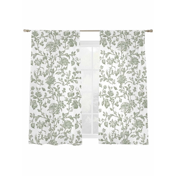 Vintage Green Floral Sheer Curtains 72 Inch Long 2 Panels, Farmhouse Flower Pastoral Style Light Filtering Rod Pocket Semi Sheer Curtains, Sheer Voile Drapes for Living Room Bedroom, 52"x72"