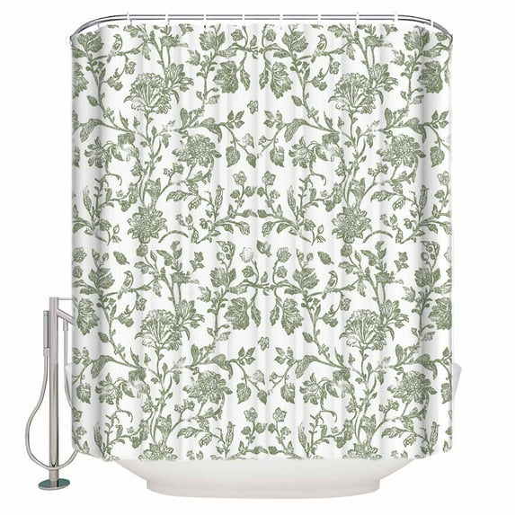 Vintage Green Floral Shower Curtain, 72" x 72", Farmhouse Flower Pastoral Style Waterproof Bathroom Curtain Washable Shower Curtain Set with 12 Hooks