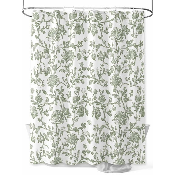 Vintage Green Floral Shower Curtain, Farmhouse Flower Pastoral Style Waterproof Shower Curtain Set with 12 Hooks Lightweight Washable Fabric Shower Curtains for Bathroom 36x72 Inches