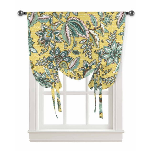 Vintage Green Floral Tie Up Curtains for Kitchen Bathroom Bedroom Windows 45 Inch Length, Ethnic Boho Retro Flowers Art Teal Balloon Drape Curtains Shade Rod Pocket Drapery Curtain Panel, 42"x54"