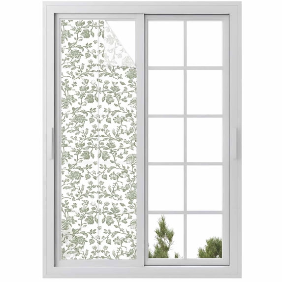 Vintage Green Floral Window Privacy Film Farmhouse Flower Pastoral Style Decorative Glass Window Film UV Blocking Static Cling Non-Adhesive Sticker Covering for Home Door 17.7 x 78.7 inches