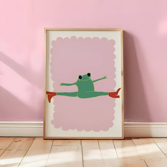 Vintage Green Frog Wall Art Poster Pink White Ink Style Playful Animal Print for Bedroom Living Room Bathroom Kitchen Aesthetic Decor, UNFRAMED 8x12