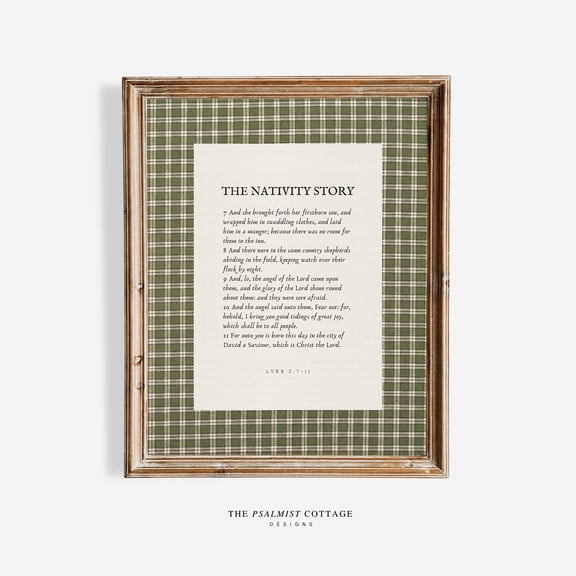 Vintage Green Gingham Christmas, Nativity Story Christmas Scripture, the Birth of Jesus Luke 2:7-11, Wall Art