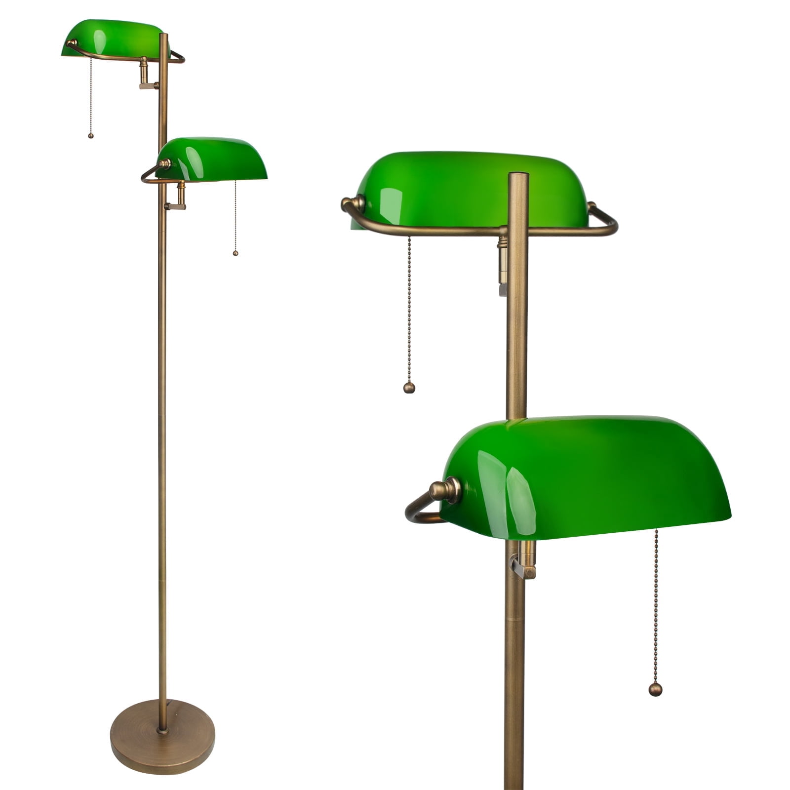 Vintage Green Glass Bankers Floor Lamp with Adjustable Arm & Pull Chain Switch,Satin Brass Finish,Standing Reading Lamp for Bedroom, Office, Living Room(not include bulb)