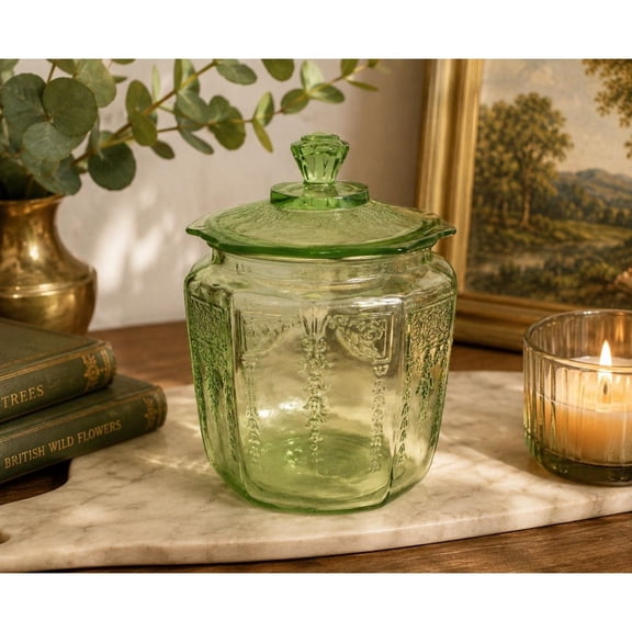 Vintage Green Glass Biscuit Jar with Lid, Art Embossed Glass Apothecary Canister, For Cookies, Candy, Treats, Large Jar for Pantry, Airtight Food Storage Containers