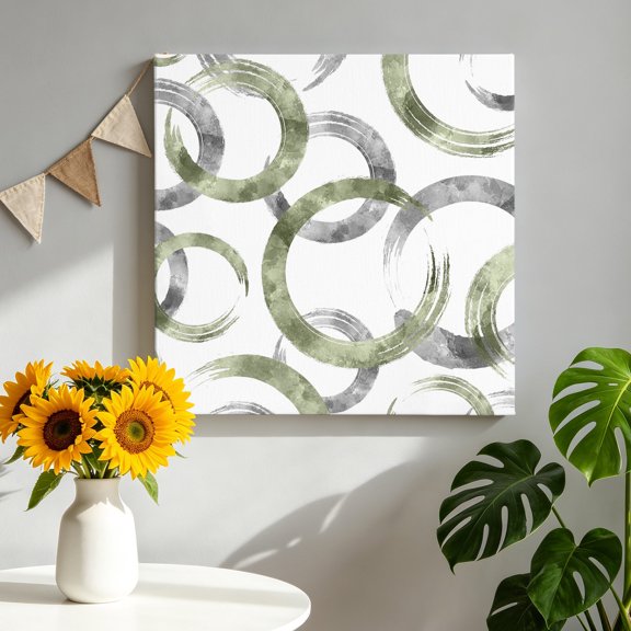Vintage Green Gray Circle Lines Canvas Wall Art, Abstract Art White Background Framed Canvas Wall Decor Picture Print Artwork Decorations for Living Room Office Ready to Hang 8" x 8"