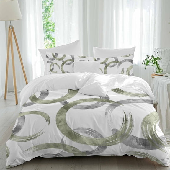 Vintage Green Gray Circle Lines Queen Size Comforter Set, Abstract Art White Background Bedding for All Seasons, 4 Pcs Bed Set, 1Quiltcover (90"x92") ,1Sheet(94"x116"), 2Pillowcases (30"x20")