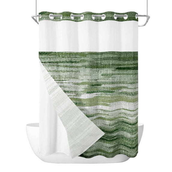 Vintage Green No Hook Shower Curtain Waterproof, Bathroom Curtains with Snap in Liners and See Through Top Window, Modern Geometric Abstract Art Hotel Style Bathtub Curtains Shower 60"Wx72"L