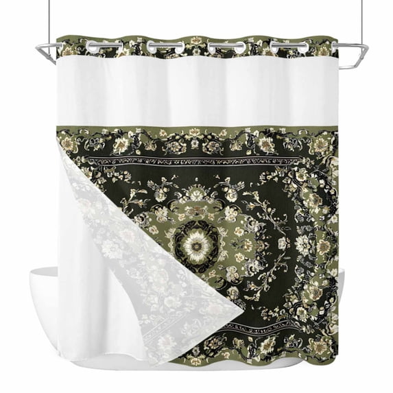 Vintage Green No Hook Shower Curtain Waterproof, Bathroom Curtains with Snap in Liners and See Through Top Window, Southwestern Geometric Abstract Art Hotel Style Bathtub Curtains Shower 72"Wx78"L
