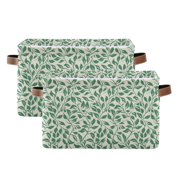 Vintage Green Leaves Storage Bins with Handle Fabric Organizer Basket Foldable Box 2 Pack 14.2x10.2x8.3