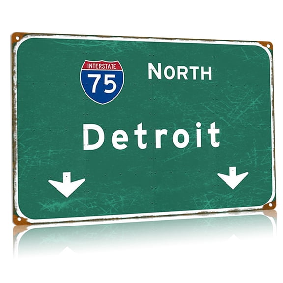Vintage Green Metal Tin Signs North Detroit Interstate 75 Road Sign Highway Airport Direction Sign Bar Club Home Wall Decor 8x12 Inches