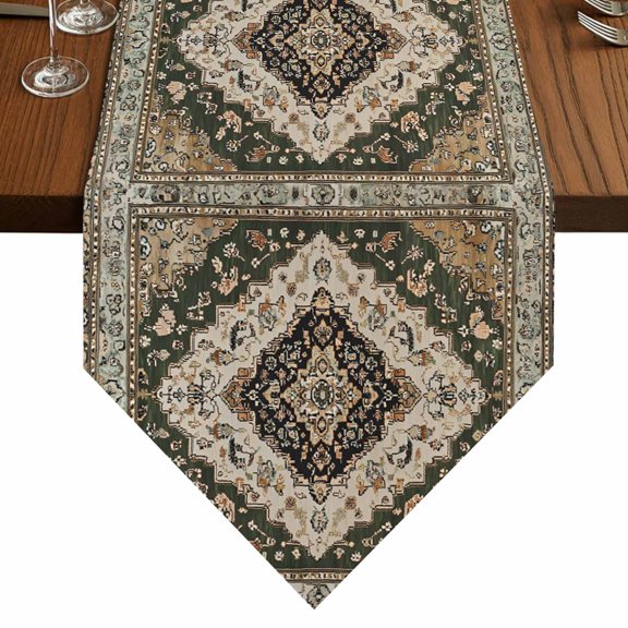 Vintage Green Moroccan Art Table Runner for Dining Room, Bohemia Turkish Pattern Cotton Linen Dining Table Runner Tablecloth Dresser Scarves for Kitchen Cafe 13x36 Inches Long