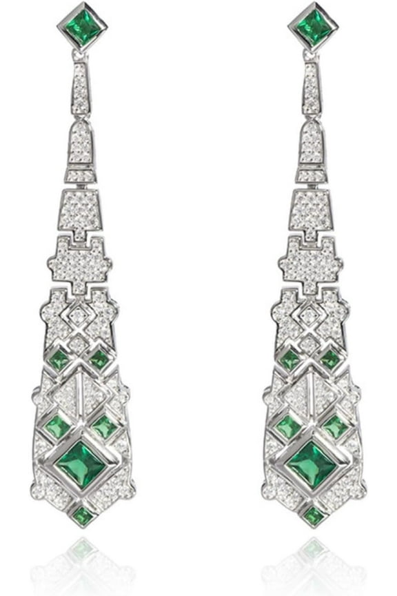 Vintage Green Nano Emerald Earrings for Women Dainty Green Dangle Earrings Sterling Silver Simulated Diamond Drop Earrings Princess Cut CZ Long Earrings for Women Elegant