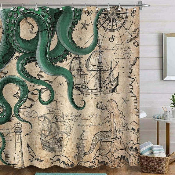 Vintage Green Nautical Octopus Shower Curtain Mermaid Funny Ocean Kraken Shower Curtains for Bathroom Cool Anchor Coastal Map Waterproof Fabric Bath Curtain with Hooks 72 x 72