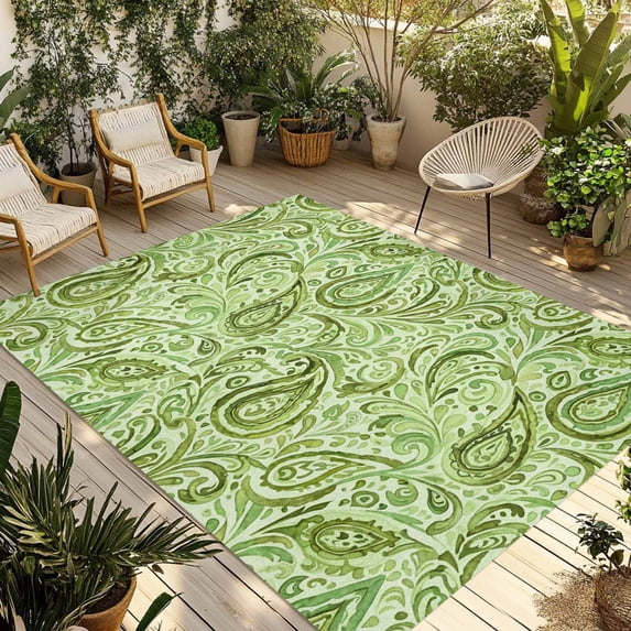 Vintage Green Outdoor Rug 5x7 Ft - Reversible Patio Rug Outdoor Camping Rugs, Retro Botanical Abstract Art Washable Indoor Outdoor Area Rugs, Non-Slip Outdoor Carpet Runner for Deck/Porch